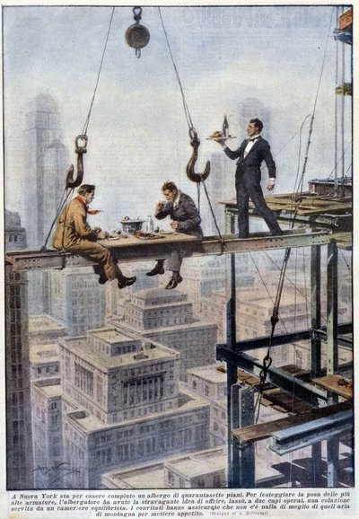 Comida de dos capataces en equilibrio sobre el marco de un rascacielos en Nueva York - dibujo de A. Beltrame, en “La Domenica del Corriere” de Achille Beltrame