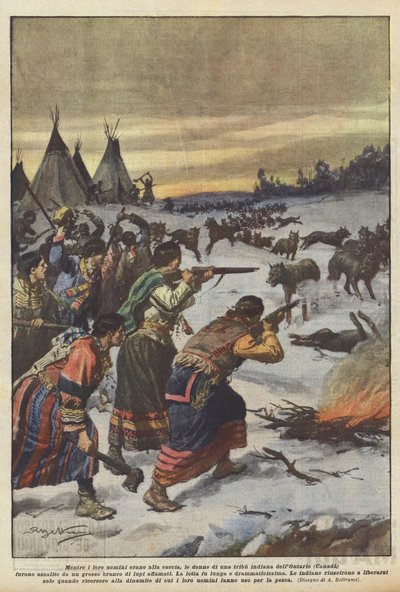 Mientras sus hombres estaban de caza, las mujeres de una tribu india de Ontario (Canadá) fueron... de Achille Beltrame