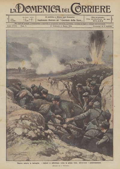 Mientras arde la batalla, los refuerzos se apresuran hacia la primera línea, a través de los caminos de Achille Beltrame