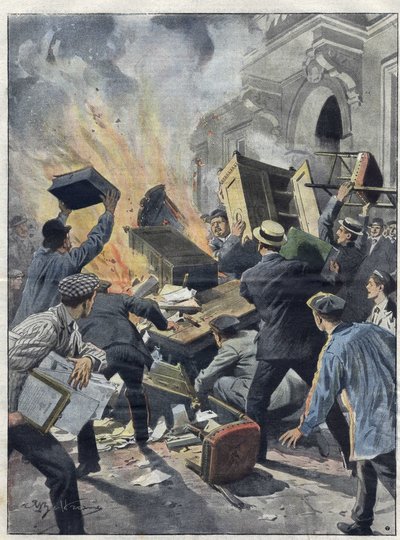 Crisis del vino en Midi en 1907: los viticultores incendian el ayuntamiento de Beziers (Herault). Ilustración de Achille Beltrame de 1907. de Achille Beltrame