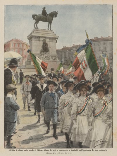Miles de alumnos de las escuelas de Milán desfilan frente al monumento a Garibaldi de Achille Beltrame