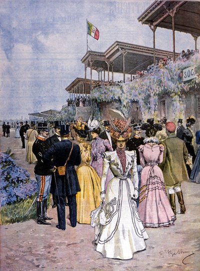 Milán: las carreras de caballos en el hipódromo de San Siro: entrega del Premio del comercio. Ilustración de Beltrame. La Domenica del corriere. 1899 de Achille Beltrame
