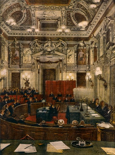 Nueva sesión del Consejo Municipal de Milán, por Achille Beltrame, de La Domenica del Corriere de Achille Beltrame