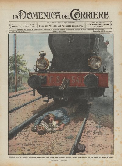 Admirable acto de valor, fogonero ferroviario que salva a una niña cerca de Ancona acostándose con ella en las vías de Achille Beltrame