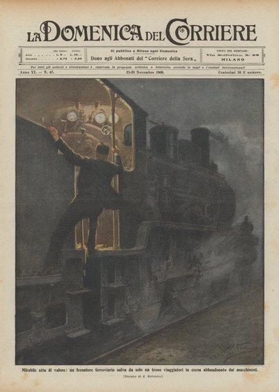 Admirable acto de valor, un frenador ferroviario salva solo un tren de pasajeros en marcha de Achille Beltrame
