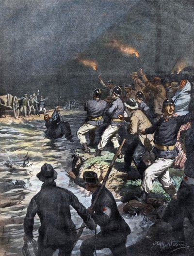 Rescate milagroso de carreteros bloqueados en una isla en el río Serio cerca de Bérgamo - Ilustración de Beltrame en "La Domenica del Corriere" 10/1909 de Achille Beltrame