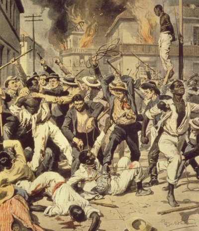La caza de negros en Spingfield, Illinois, Achille Beltrame (1871-1945) de La Domenica del Corriere, agosto de 1908 de Achille Beltrame