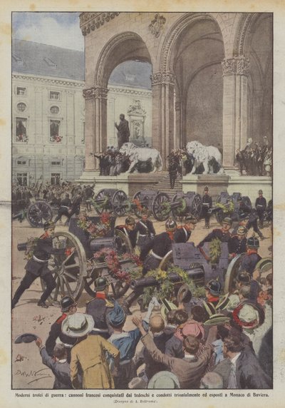 Trofeos modernos de guerra, cañones franceses conquistados por los alemanes y llevados triunfalmente de Achille Beltrame