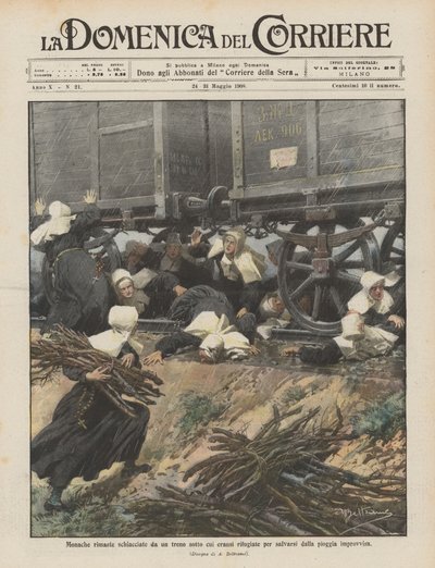 Monjas aplastadas por un tren bajo el cual se refugiaron para salvarse de la lluvia repentina de Achille Beltrame