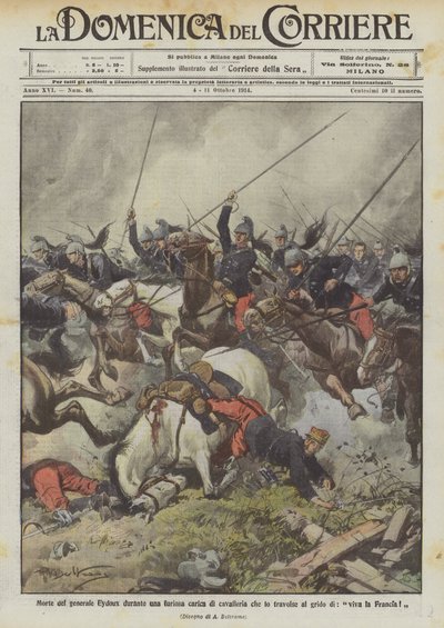 Muerte del general Eydoux durante una furiosa carga de caballería que lo arrolló al grito de ¡viva Francia! de Achille Beltrame