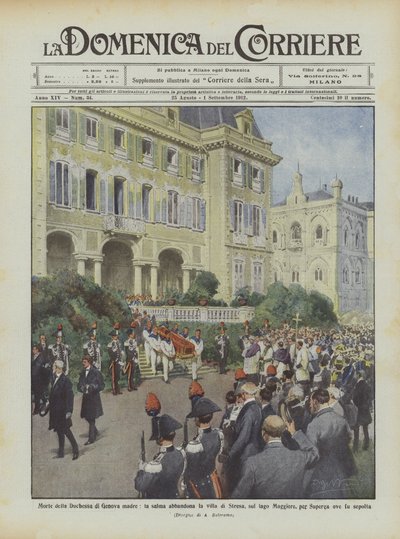 Muerte de la duquesa madre de Génova, el cuerpo abandona la villa de Stresa, en el lago Maggiore de Achille Beltrame