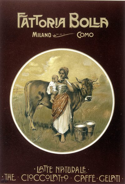 Madre dando leche de vaca a su bebé - cartel publicitario de Fattoria Bolla (cartel) de Achille Beltrame