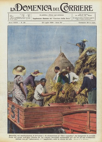Mussolini, entre manifestaciones de devoción y reconocimiento al Duce campesino, ha inaugurado... de Achille Beltrame