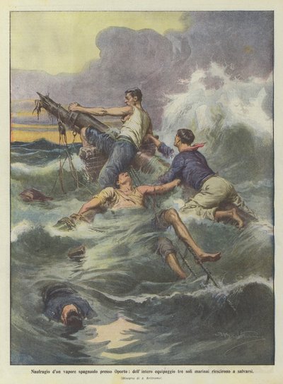 Naufragio de un vapor español cerca de Oporto, de toda la tripulación solo tres marineros lograron salvarse de Achille Beltrame
