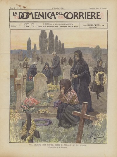 En el día de los muertos, flores y coronas sobre las tumbas de Achille Beltrame