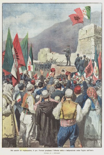 En el castillo de Argirocastro, el general Ferrero proclama Albania unida e independiente bajo el amparo de Italia de Achille Beltrame