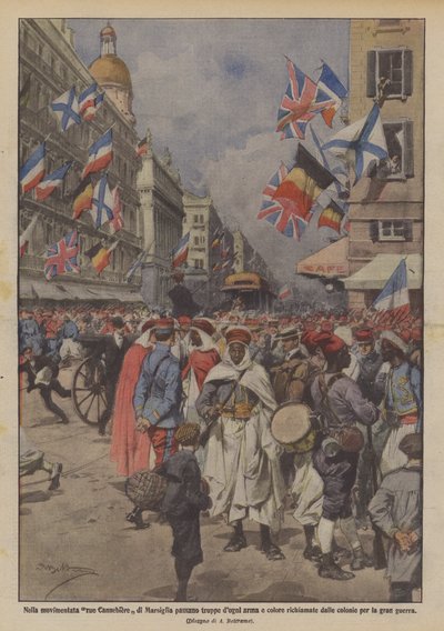 En la animada rue Cannebiere de Marsella pasan tropas de todas las armas y colores convocadas por de Achille Beltrame