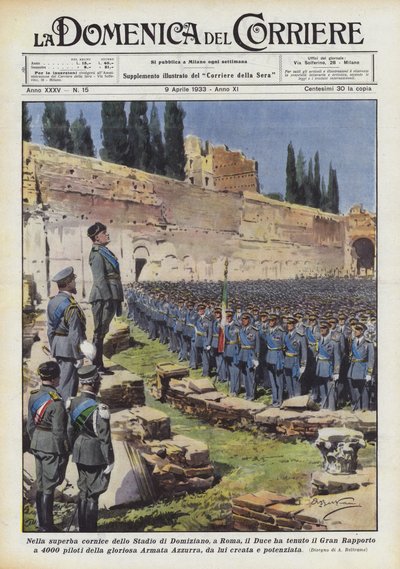 En el magnífico marco del Estadio de Domiciano, en Roma, el Duce dio el Gran Informe a 4000 de Achille Beltrame
