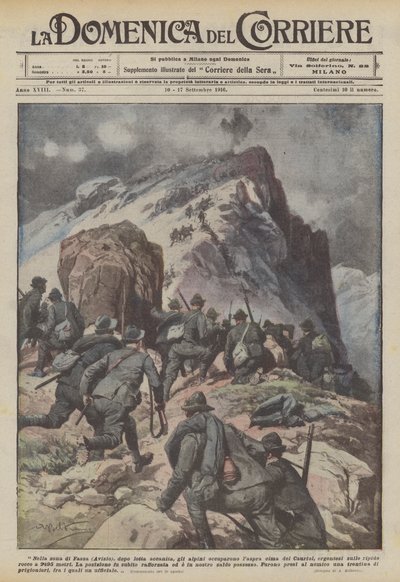 En la zona de Fassa (Avisio), después de una lucha encarnizada, los alpinos ocuparon la áspera cima del Cauriol de Achille Beltrame