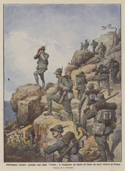 En el altiplano cirenaico, patrullas de los alpinos Vestone en reconocimiento en los flancos de Derna en de Achille Beltrame