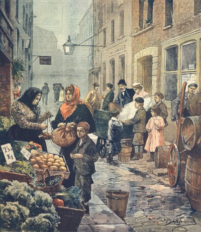 Una de las calles más características del Barrio Italiano, Soffron Hill, Londres, por Achille Beltrame, de La Domenica del Corriere de Achille Beltrame