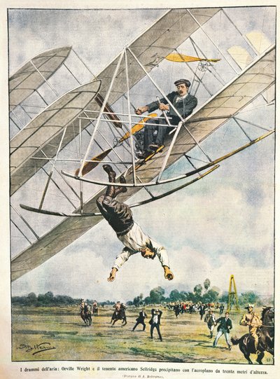 Orville Wright y el teniente Seliridge cayendo con biplano desde treinta metros, Estados Unidos de América, ilustración de Achille Beltrame de La Domenica del Corriere, 11 de octubre de Achille Beltrame