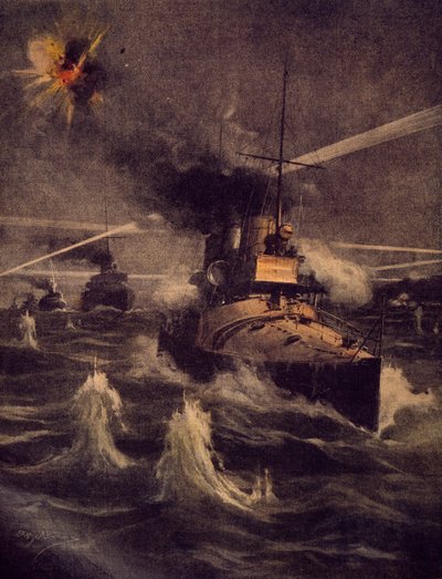 Nuestros torpederos haciendo una incursión audaz en el Estrecho de los Dardanelos bajo fuego enemigo, por Achille Beltrame (1871-1945), ilustración de La Domenica del Corriere de Achille Beltrame