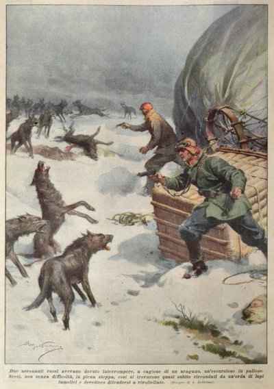 Manadas de lobos atacando a la tripulación de un globo aerostático ruso varado, ilustración de 