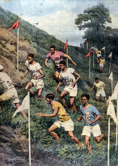 Juegos Olímpicos de París: carrera con obstáculos naturales: campo a través (Ilustración de Beltrame, La Domenica del Corriere) de Achille Beltrame