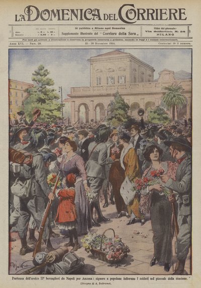 Partida del heroico 2º bersaglieri de Nápoles a Ancona, señoras y mujeres del pueblo adornan a los soldados de Achille Beltrame