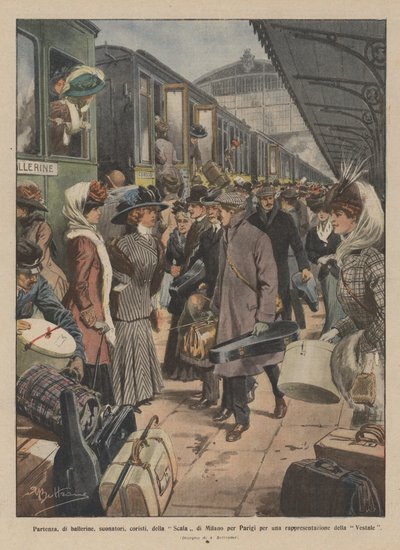 Partida de bailarinas, músicos, coristas, de la Scala de Milán hacia París para una representación de La Vestale de Achille Beltrame