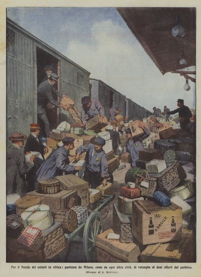 Para la Navidad de los soldados en África, partida desde Milán, como desde cualquier otra ciudad, de avalanchas de Achille Beltrame