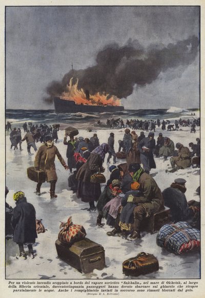 Por un violento incendio a bordo del vapor soviético Sakhalin en el mar de Okhotsk de Achille Beltrame