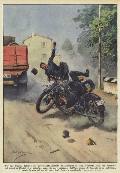 Por una trágica fatalidad dos motocicletas conducidas por sacerdotes se han chocado en la Vía... de Achille Beltrame