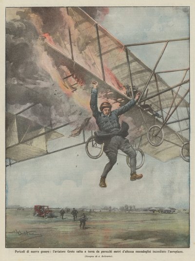 Peligros de nuevo tipo, el aviador Grote salta al suelo desde varios metros de altura de Achille Beltrame