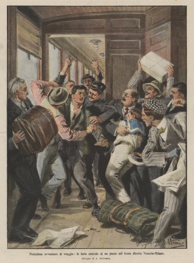 Peligrosas aventuras de viaje, las furias asesinas de un loco en el tren directo Venecia-Milán de Achille Beltrame