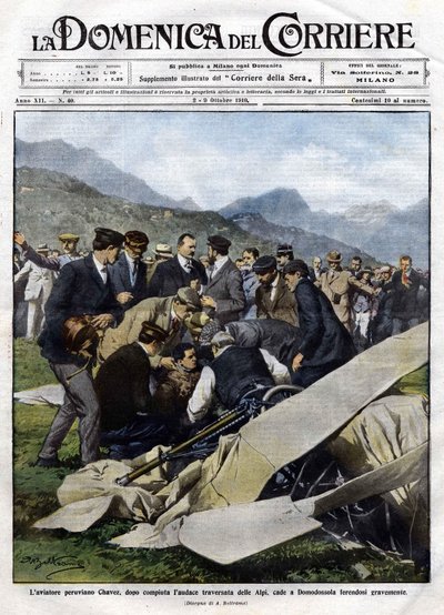 El aviador peruano Chávez, después de su atrevido cruce de los Alpes, se estrelló en Domodossola con heridas graves. Ilustración de Beltrame. 2/10/1910. La Domenica del Corriere de Achille Beltrame