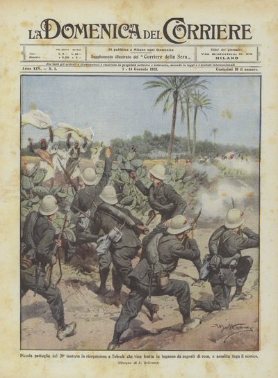 Pequeña patrulla del 20º infantería en reconocimiento en Tobruk que es engañada por señales de Achille Beltrame