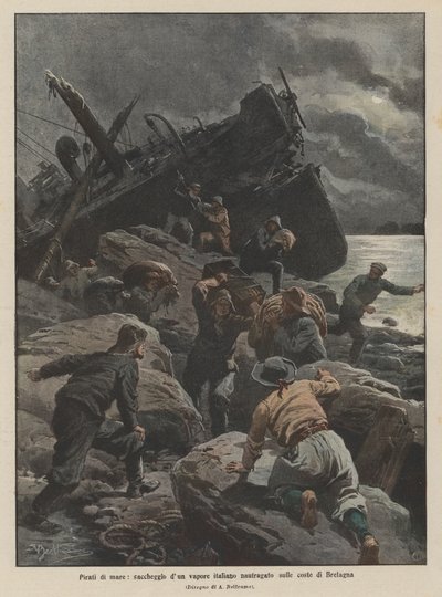 Piratas de mar, saqueo de un vapor italiano naufragado en las costas de Bretaña de Achille Beltrame