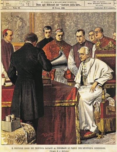 El Papa León XIII leyendo la Bendición en el gramófono, por Achille Beltrame (1871-1945), de La Domenica del Corriere, 29 de marzo de 1903 de Achille Beltrame