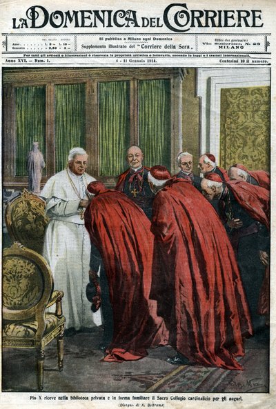 El Papa Pío X recibe a los cardenales en su biblioteca para el deseo de Año Nuevo. Portada de la Domenica del Corriere del 4 de enero de Achille Beltrame