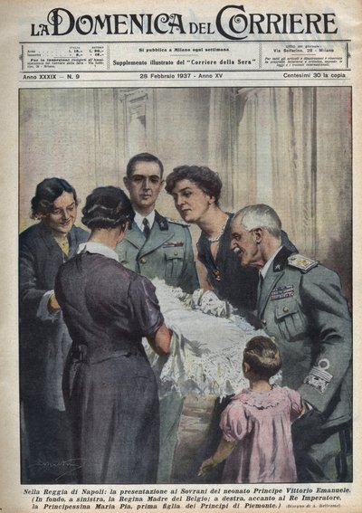 Presentación del príncipe Vittorio Emanuele, infante, a los soberanos, a la izquierda la reina madre de los belgas Elisabeth de Baviera (1876-1965), a la derecha Víctor Manuel III de Saboya, y al fondo el padre. de Achille Beltrame
