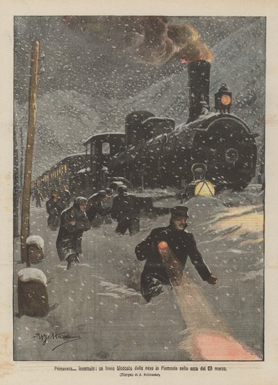Primavera invernal, un tren bloqueado por la nieve en Piamonte en la noche del 23 de marzo de Achille Beltrame
