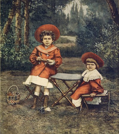 Princesas Jolanda y Mafalda, hijas del rey, en los jardines del Quirinal, por Achille Beltrame, de La Domenica del Corriere de Achille Beltrame