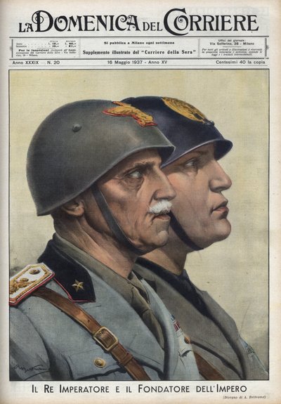 Perfiles del Rey Vittorio Emanuele III y del Duce Benito Mussolini, fundador del imperio, a la manera de los emperadores romanos. Ilustración de Achille Beltrame en "La domenica del Corriere" del 16/05/1937 de Achille Beltrame