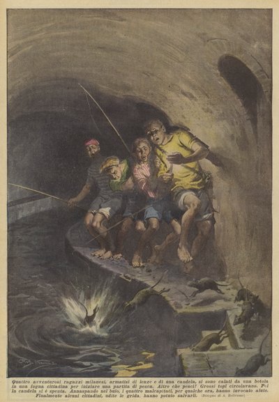 Cuatro aventureros chicos milaneses, armados con cañas de pescar y una vela, se bajaron de una... de Achille Beltrame