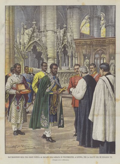Ras Makonnen lleva una cruz votiva al decano de la abadía de Westminster, en Londres, por la salud de Achille Beltrame