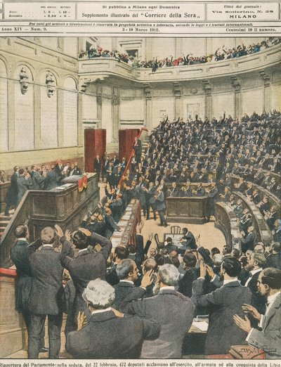 Reapertura del Parlamento Italiano en la noche del 22 de febrero, aclamación del ejército tras su exitosa campaña en Libia, por Achille Beltrame, ilustración, Ilustrador Achille Beltrame (1871-1945), de La Domenica del Corriere, 3 de marzo de 1912 de Achille Beltrame