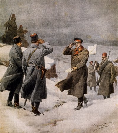 Reanudación de la guerra, parlamentario turco llegando al campamento búlgaro con mensaje anunciando el fin del armisticio, ilustración de La Domenica del Corriere, 9 de febrero de Achille Beltrame