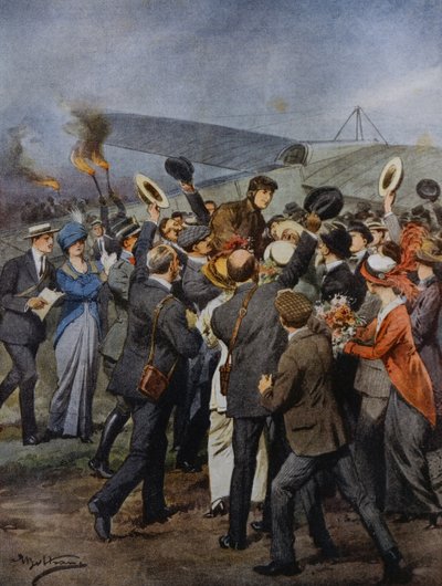 Regreso a Turín del aviador Perrylon, después de volar en un solo día a Roma, Italia, ilustración de Achille Beltrame de La Domenica del Corriere, 15 de junio de Achille Beltrame